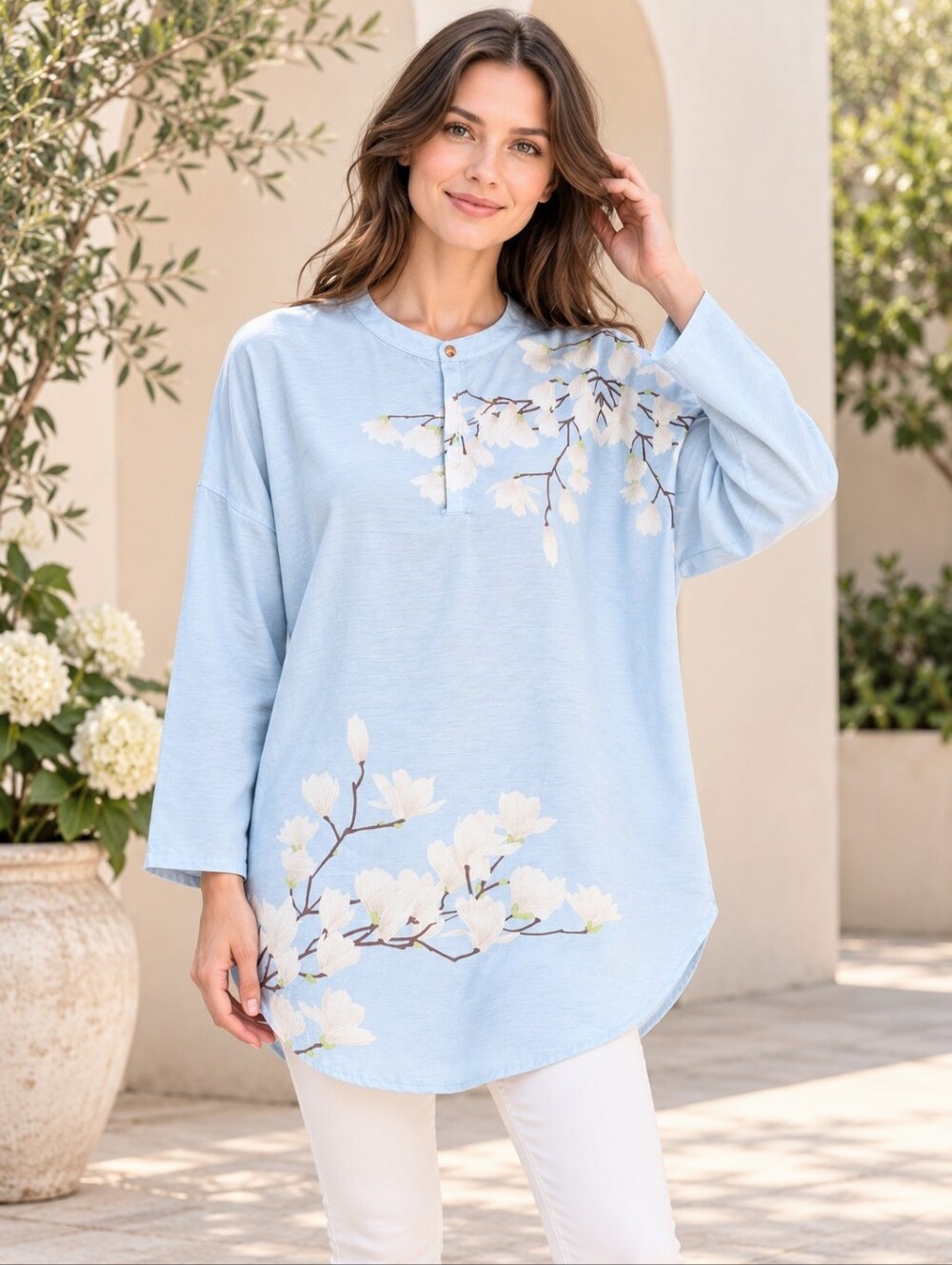 Pale Blue Cherry Blossom Mandarin Floral Collar Tunic Dolman Sleeve Curved Hem L